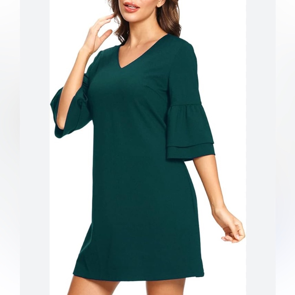 Donna Morgan Teal Turquoise Deep Green V-Neck Bell Sleeve Shift Dress size 10
